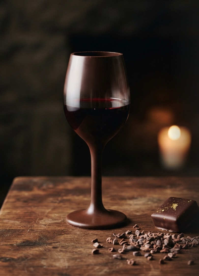 Chocolate wine glass filled with red wine beside a lit candle